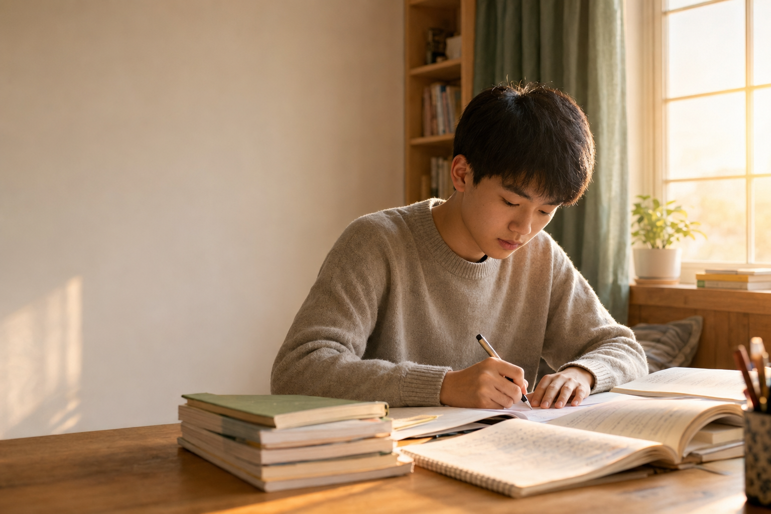 高中生在晨光书桌前专注学习